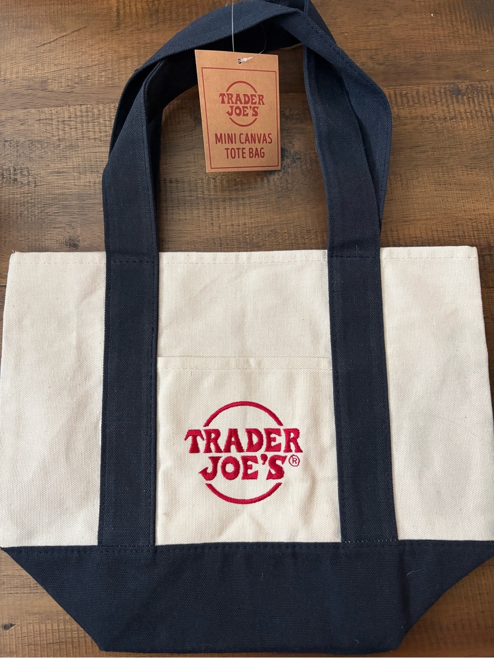 Mini Canvas Tote Bag - Cream with Navy Handles and Red Logo